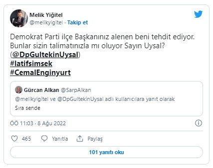 Demokrat Parti'ye 'Gereğini yapın' diye seslenen Gazeteci Melik Yiğitel İlçe Başkanı Gürcan Alkan tarafından açık açık tehdit edildi! 'Sıra sende!'